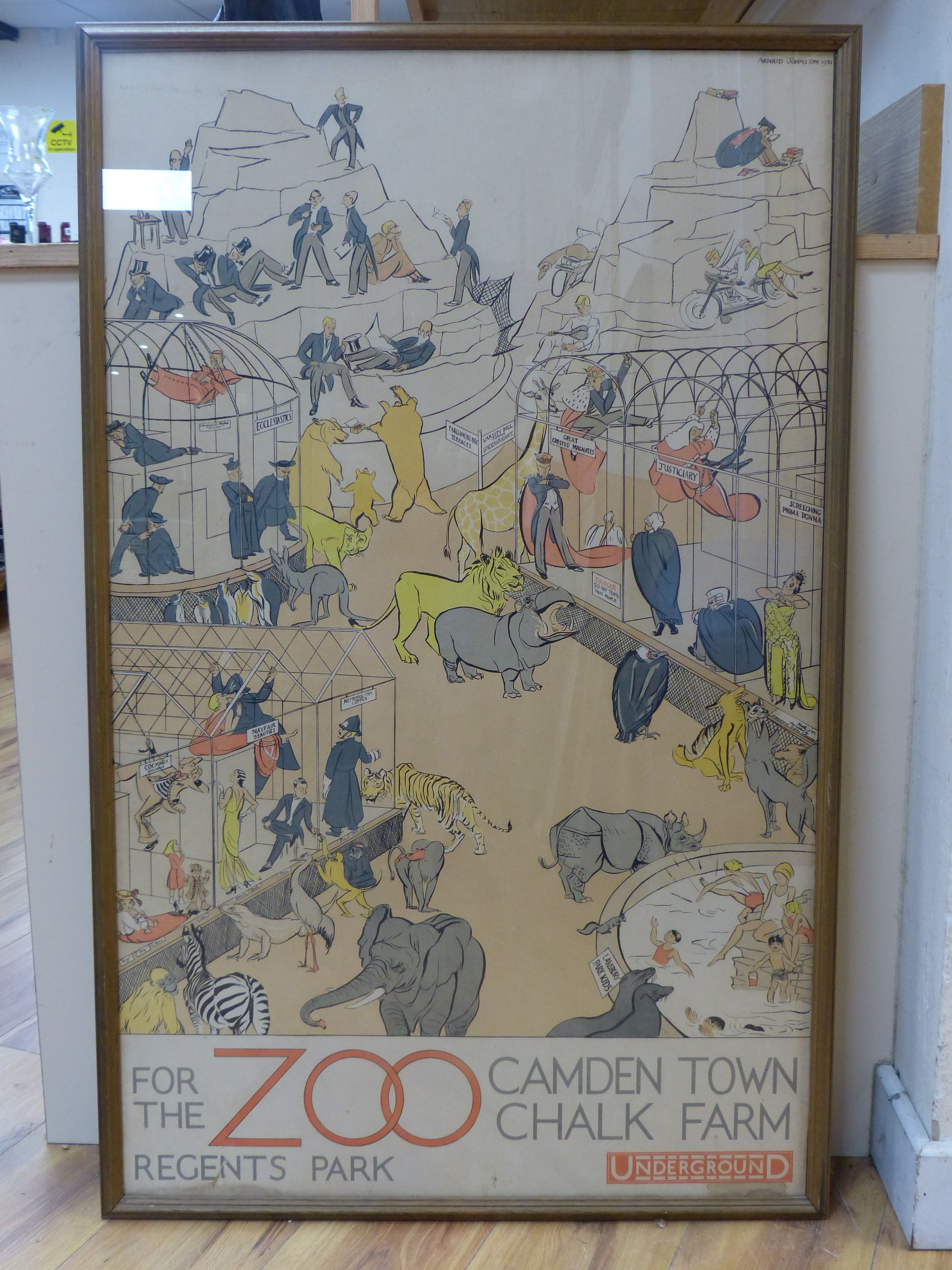 Arnrid Johnston, coloured poster, 'For The Zoo, Camden Town, Chalk Farm, Underground', signed in the plate and dated 1930, 99 x 61cm